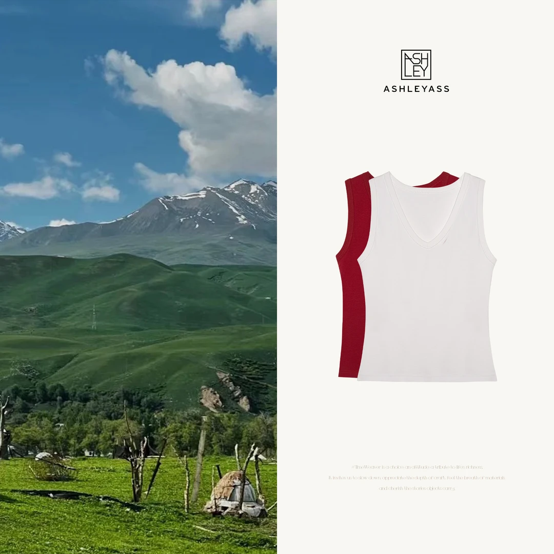 ashleyass“水柔T”V领简约百搭通勤松弛感背心上衣LSS250330Y