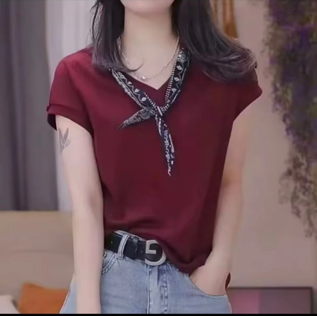 夏季女士V领丝巾系带小飞袖设计感百搭无袖宽松显瘦纯色上衣