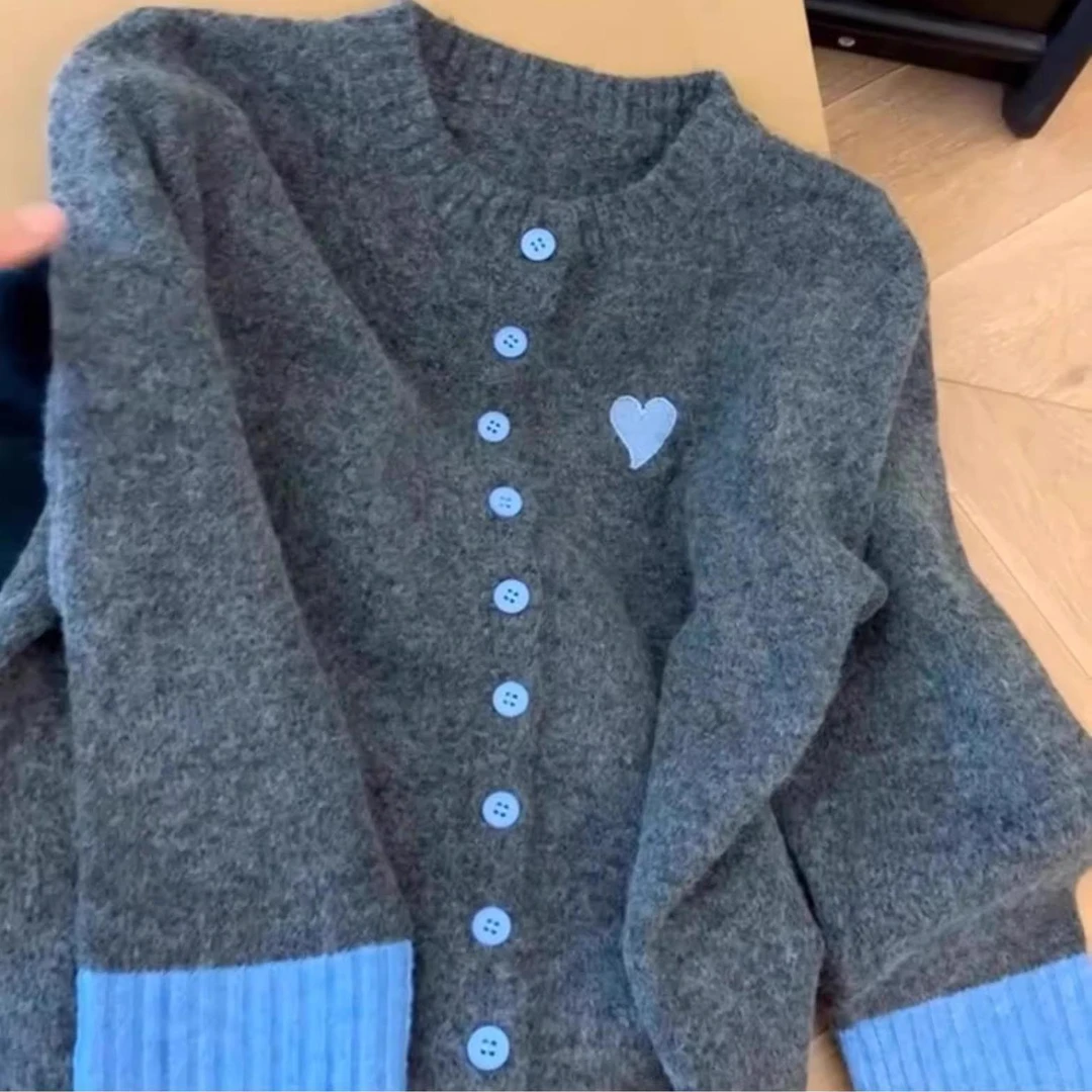 高级感超好看撞色针织开衫外套女秋冬季内搭上衣软糯独特灰色毛衣