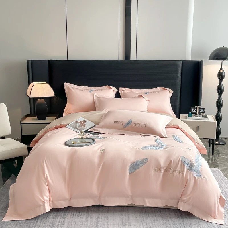 100%纯棉全棉长绒棉刺绣绣花四件套轻奢简约纯色欧式高档