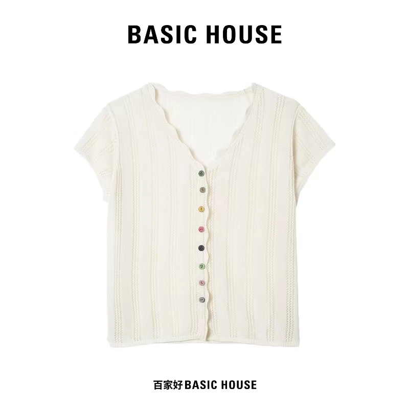 Basic House/百家好2024年时尚纯色单排扣百搭镂空针织衫JDXX