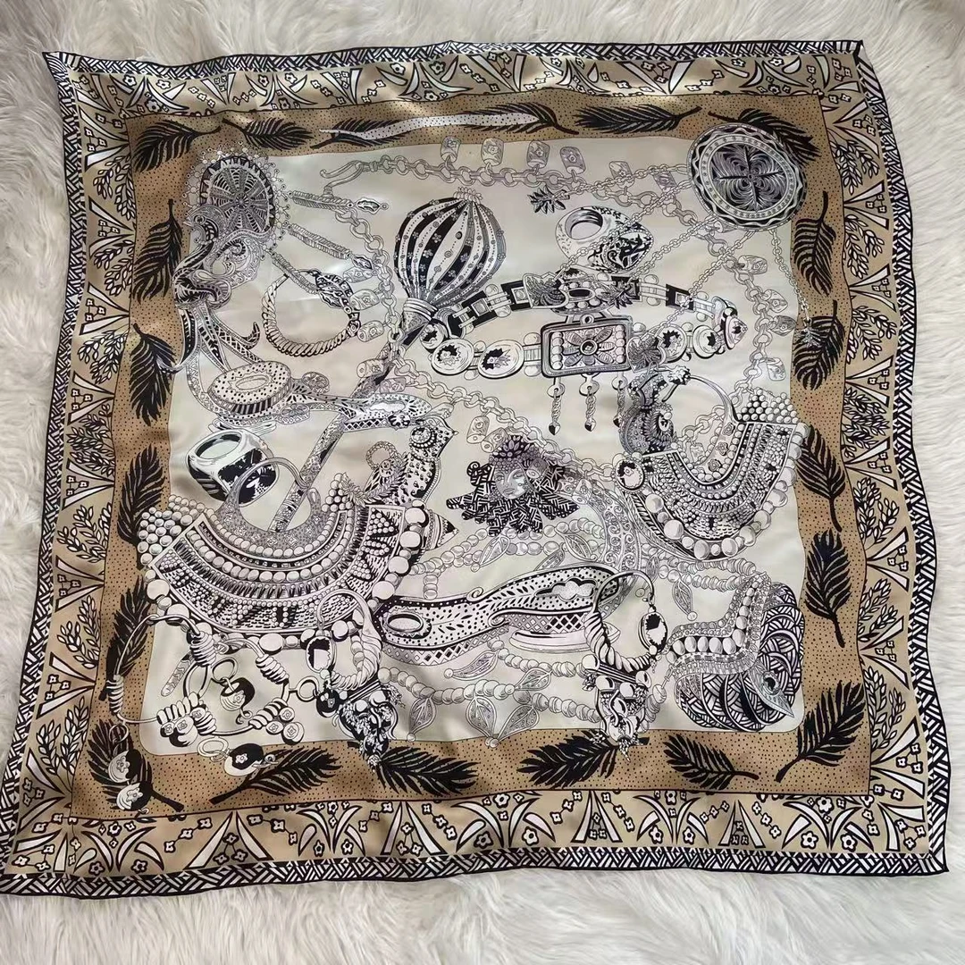 [米色女王权杖]百分百桑蚕丝素绉缎105X105大方巾时尚披肩丝巾