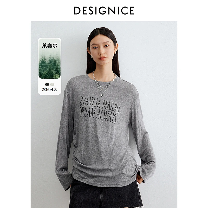 迪赛尼斯春通勤百搭字母气质宽松圆领天色T恤