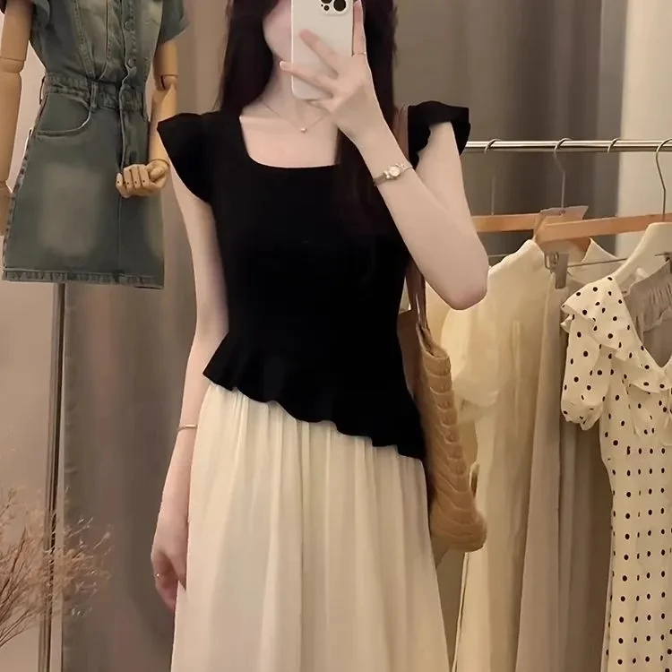 小个子定制方领气质温柔减龄韩系不规则短袖T恤飞飞袖木耳边上衣