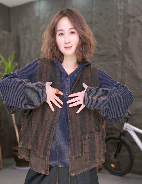 复古水洗做旧无袖系带拼接假两件百搭马甲QQ