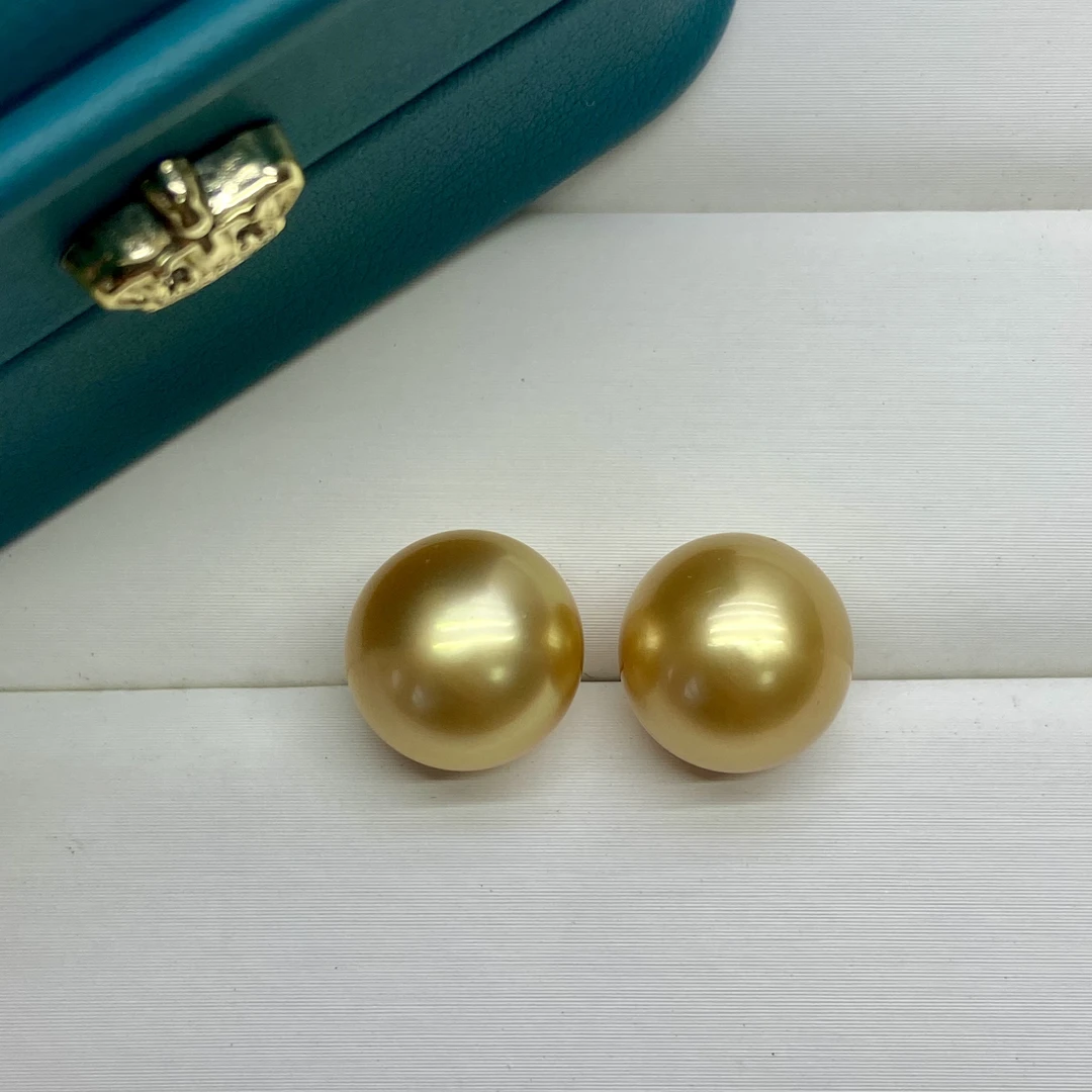 海水南洋金珍珠素耳钉浓茶金11-12G18K金近圆微瑕