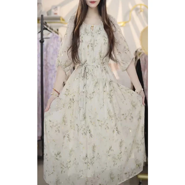 L509碎花温柔风高级感连衣裙2025年春季新款长裙法式气质裙子女装