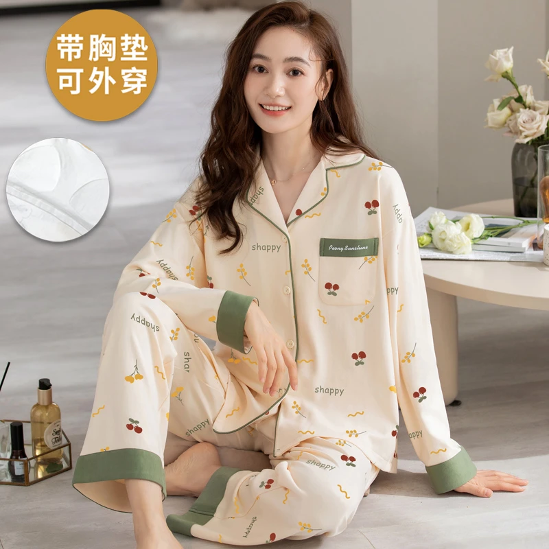 带胸垫一体睡衣女春秋季长袖开衫翻领2025年新款可外穿家居服套装