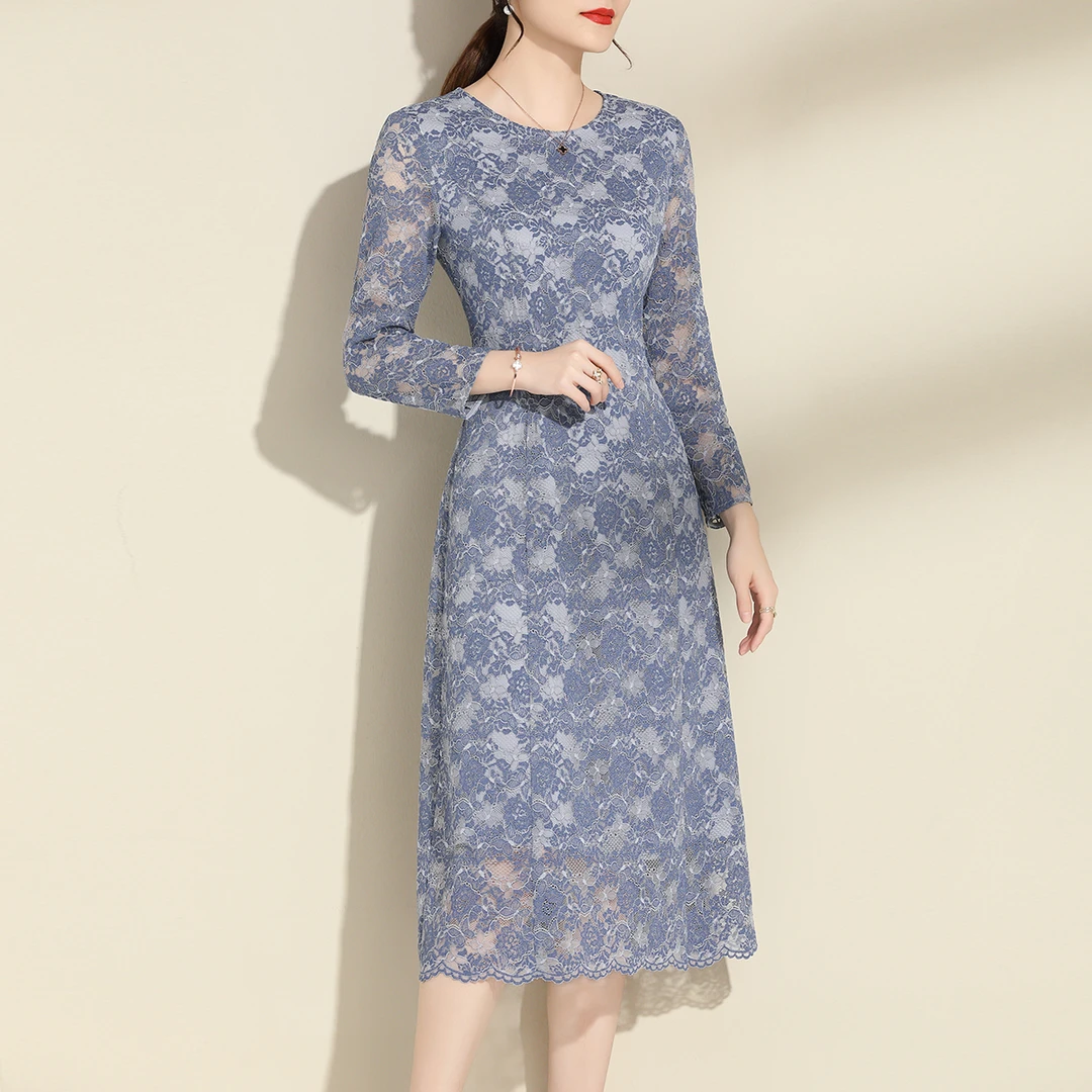 中国风镂空秋季春季A字裙中长款复古连衣裙套头长袖