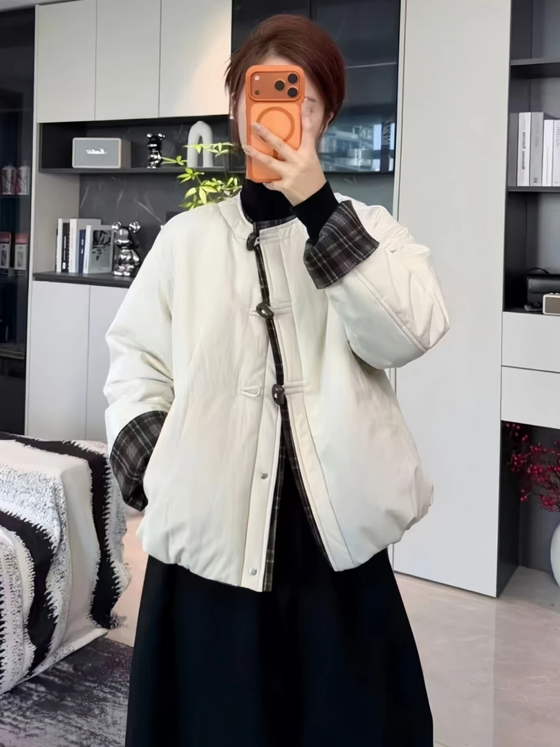 韩版圆领拼接格纹棉服外套女2025秋冬新款宽松休闲夹棉保暖棉衣潮