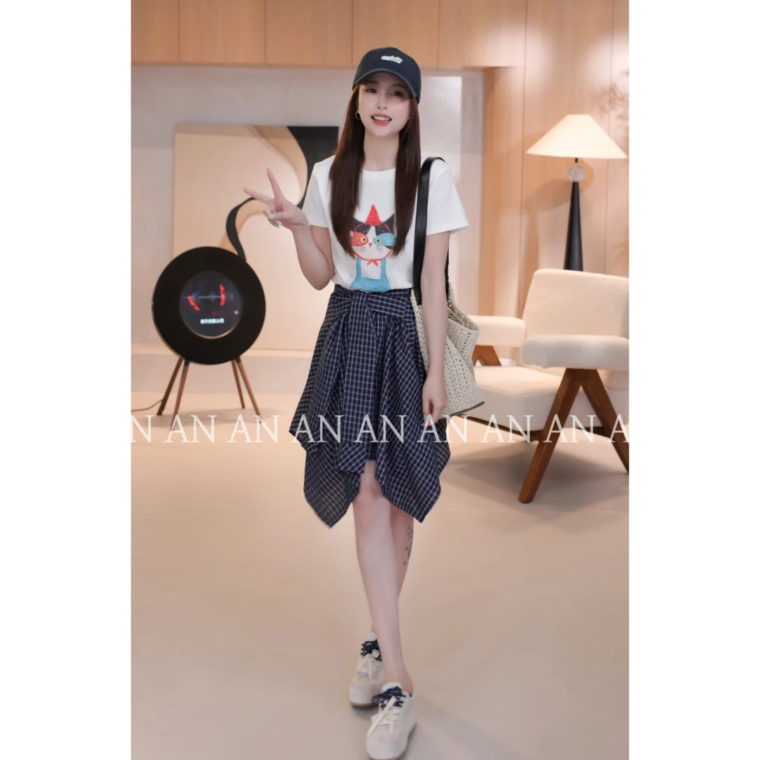 C03341夏季新款小众减龄卡通可爱蝴蝶结搞怪猫咪短袖T恤