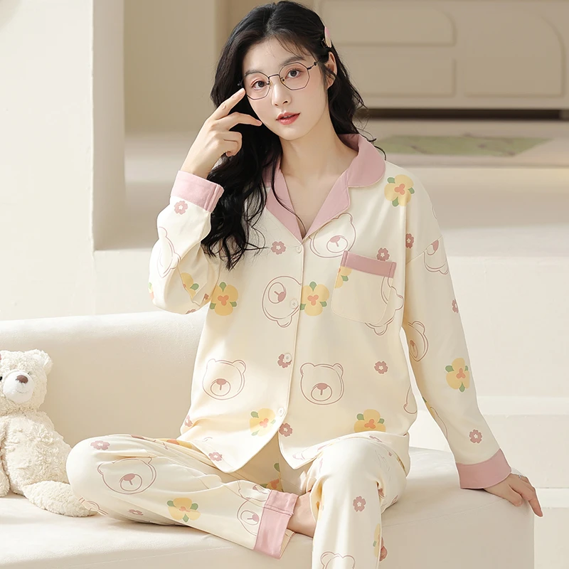 卡之恋睡衣长袖女春秋季纯棉薄款开衫粉色小学花朵甜美家居服套装