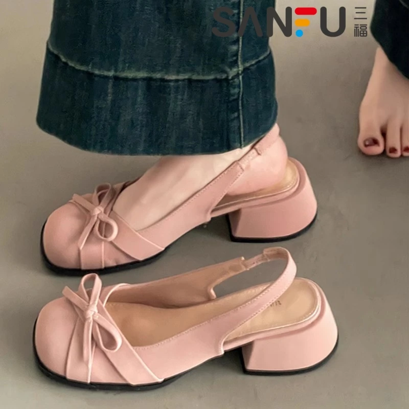 三福法式蝴蝶结包头凉鞋女2025夏季新款配裙子中跟单鞋粗跟高跟鞋