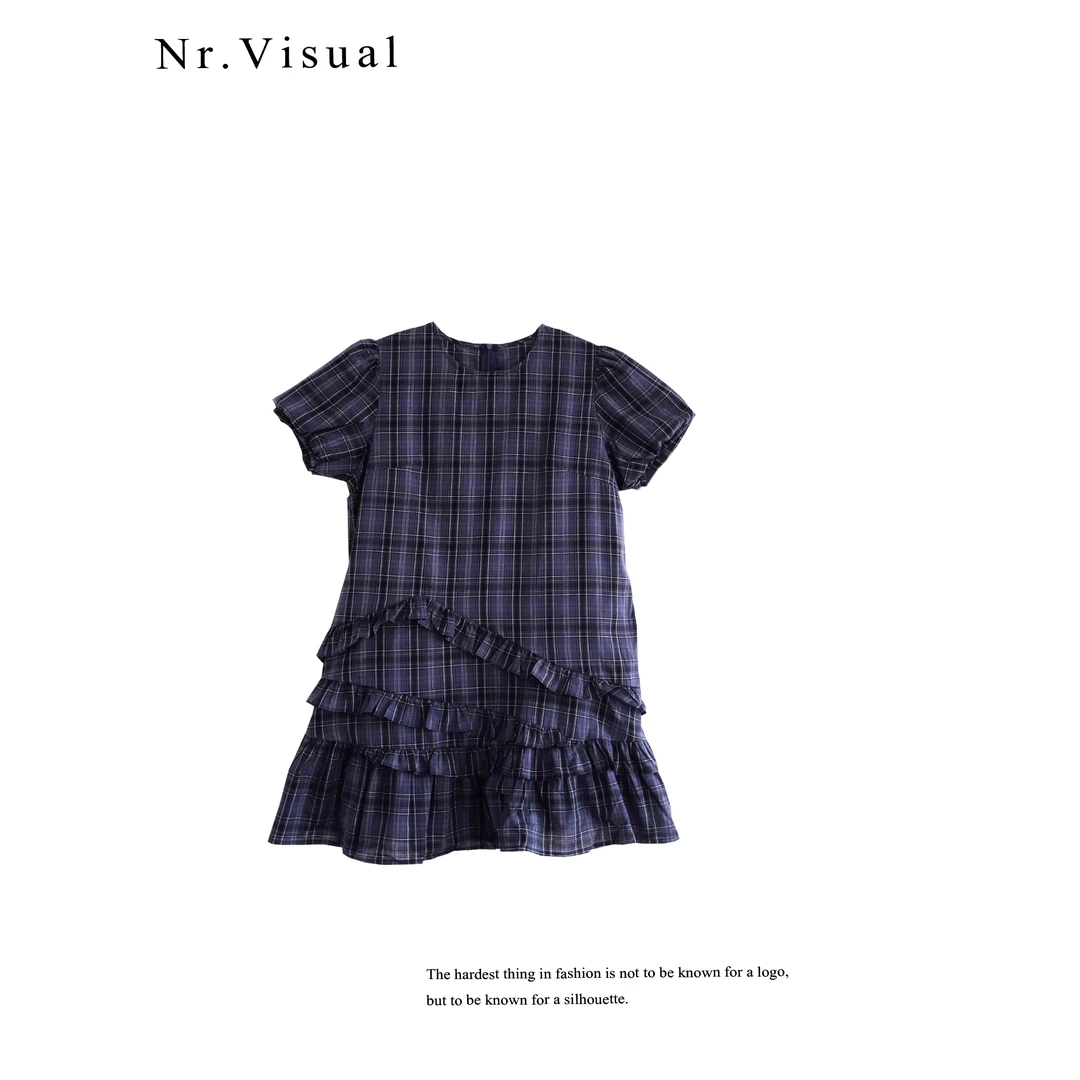 「小九NR」韩系荷叶边复古格纹宽松百搭短袖连衣裙