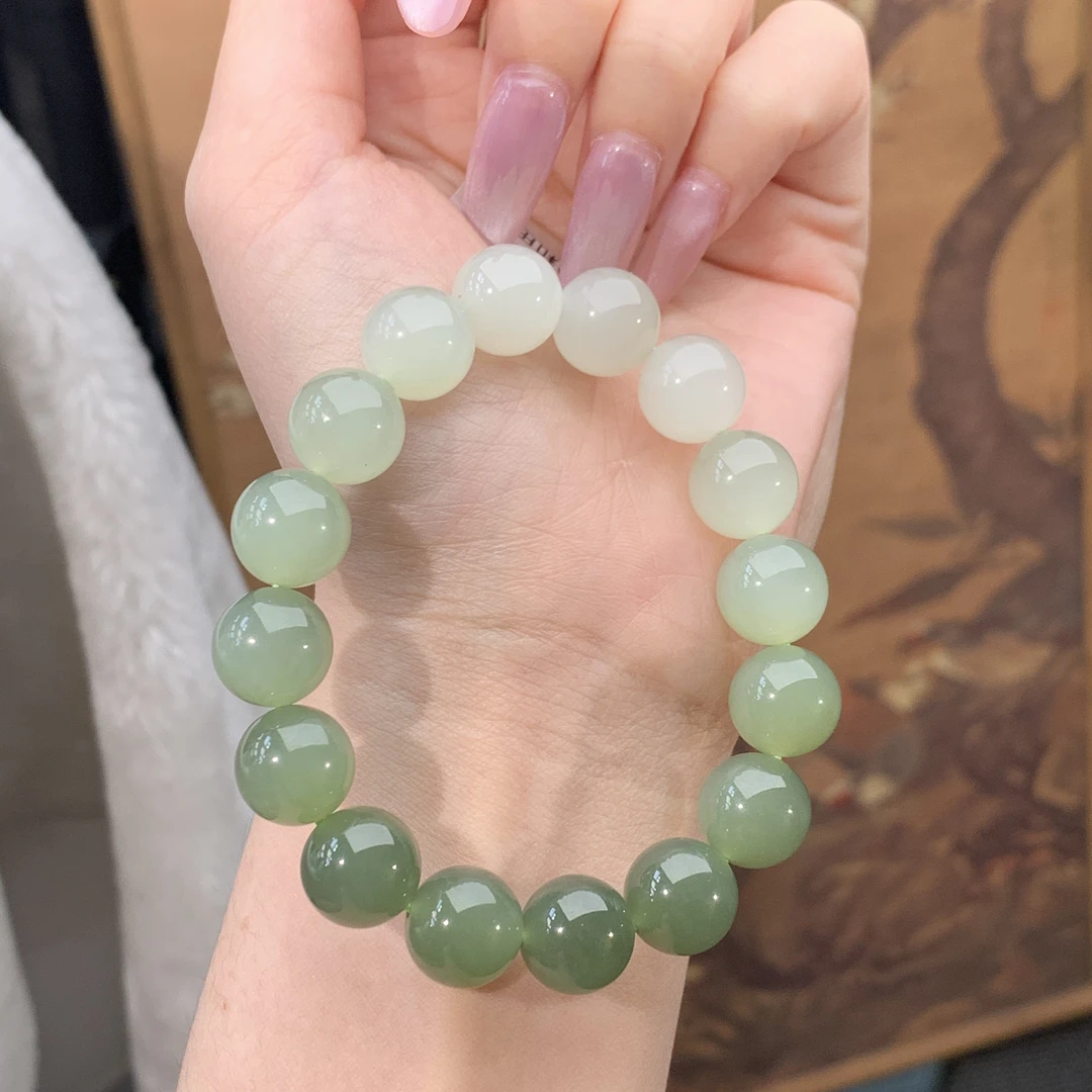 【618高货】J12和田玉渐变手串青海料玉手串和田玉珠多样性发其一