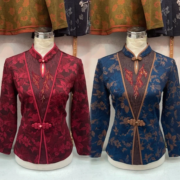 新款水滴领烫钻高弹力旗袍上衣