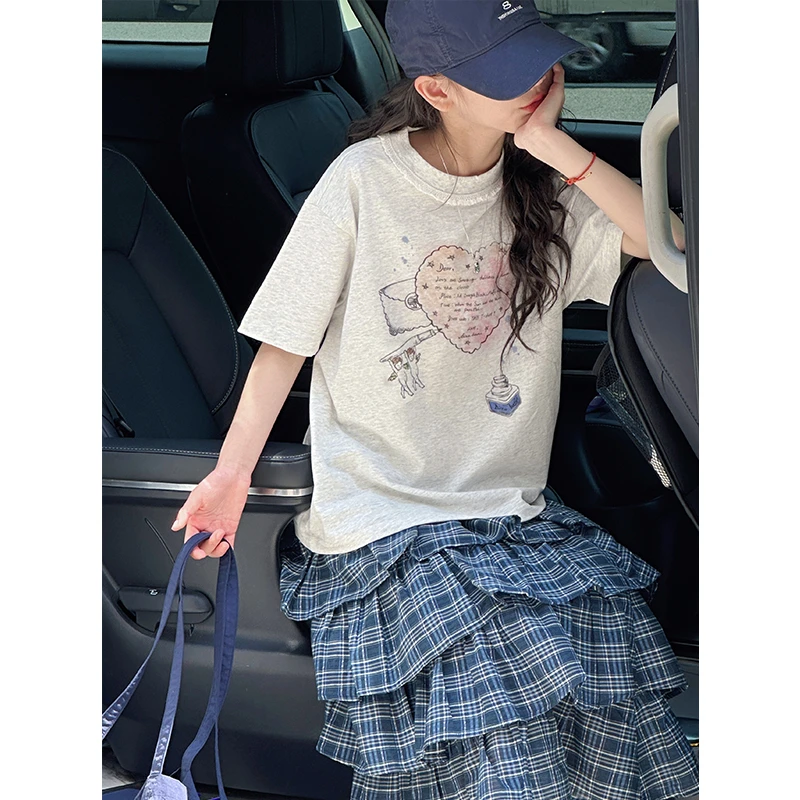 k28521天使情书女童短袖T恤儿童夏装宽松上衣2025新款大童休闲潮t