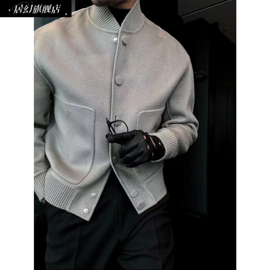 居幻秋季新款立领针织毛呢大衣男士潮流韩版纯色百搭轻奢时尚外套