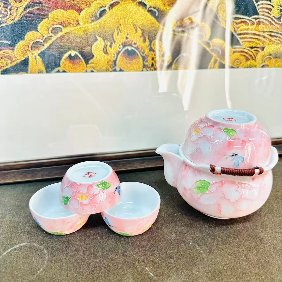 【闪购链接】手绘绿叶花瓣手抓壶 一壶四杯