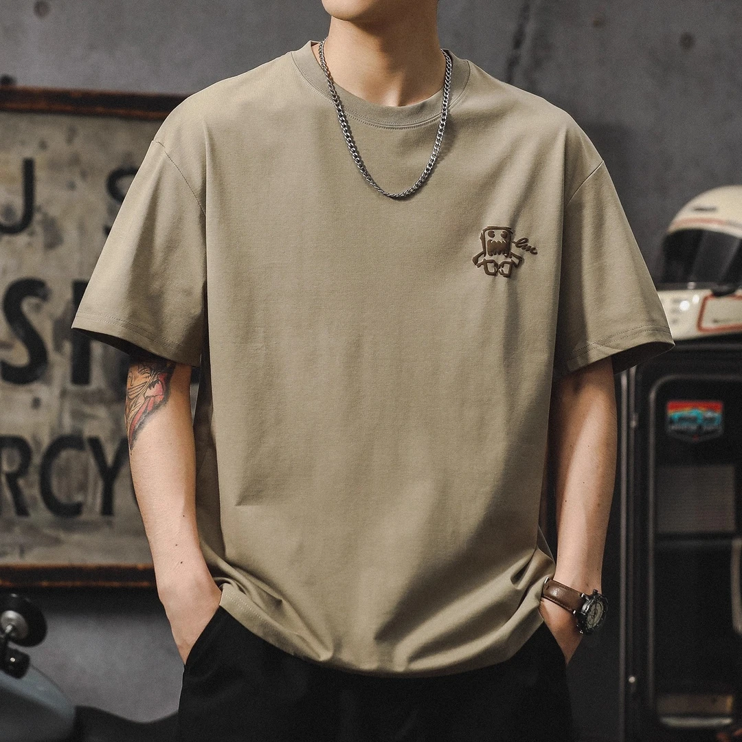 MR.MUDI/穆迪先生青年圆领短袖男新款日系复古刺绣凉感冰丝上衣