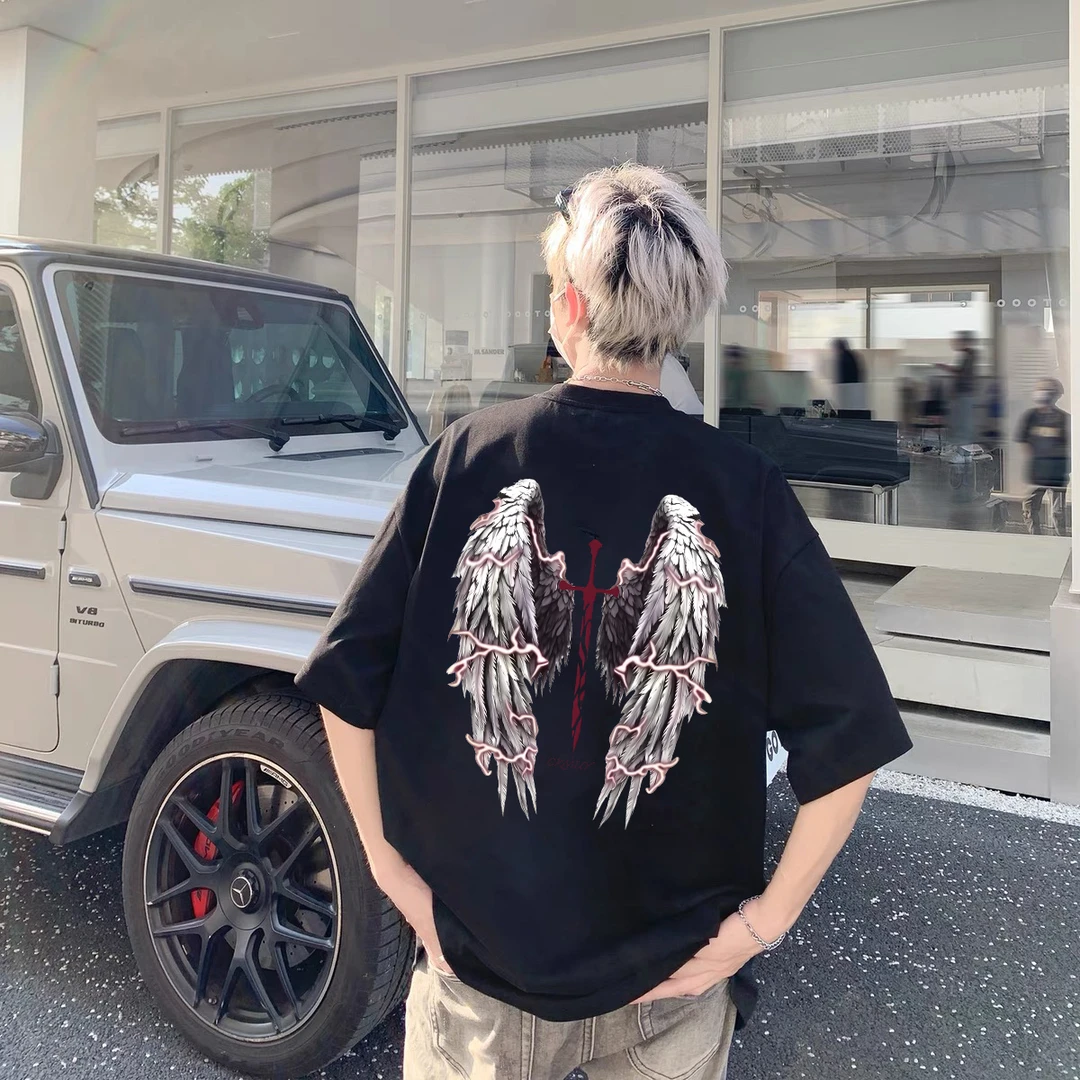 100%重磅纯棉短袖T恤男女同款夏高街复古羽翼宽松流行男装半袖ZN1