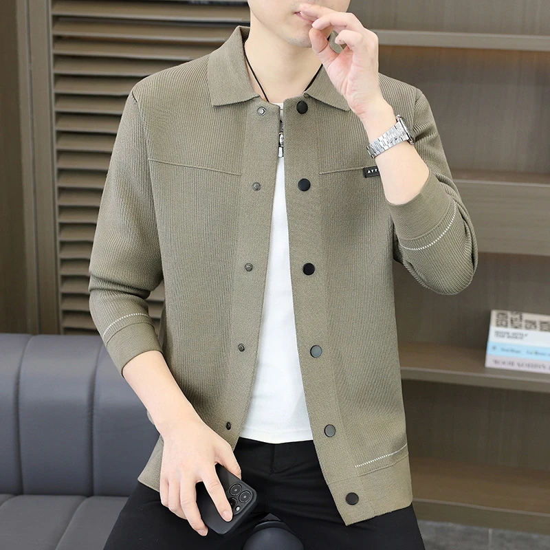 新款男士翻领针织夹克外套流光风简约休闲通勤百搭针织开衫25812