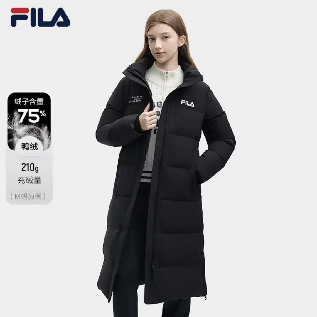 FILA 斐乐女子羽绒服秋冬加厚连帽拉链长款防泼水防污保暖外套女