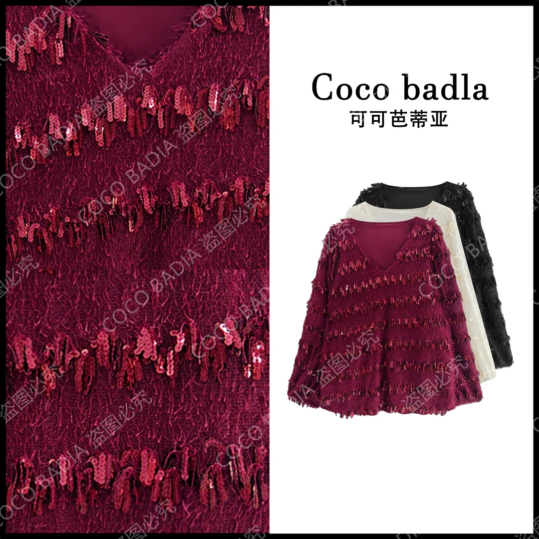 2025&早春新款重工法式流苏气质时尚百搭显瘦设计感V领上衣T2526