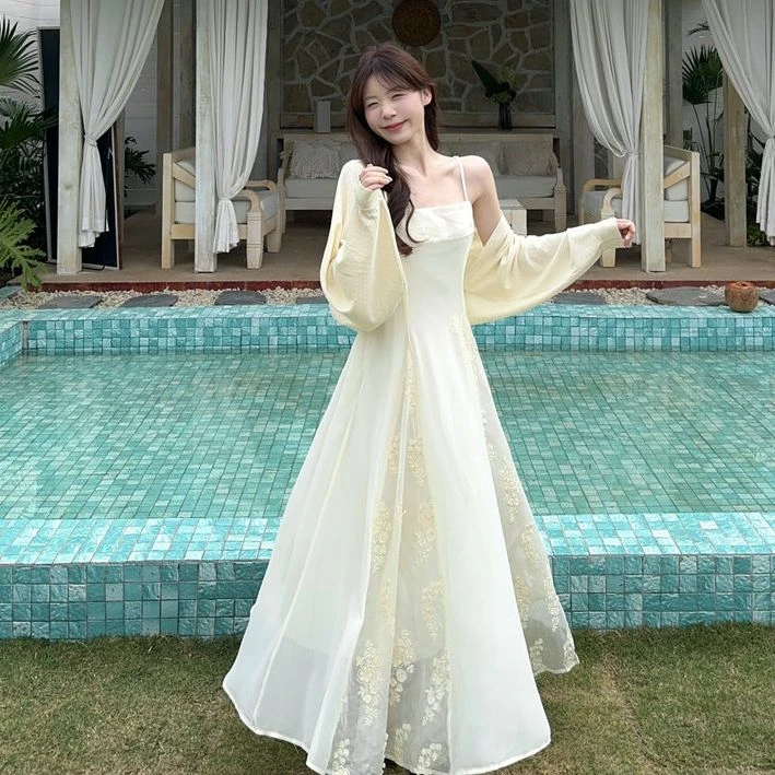 胖颖专属大码春夏季新款花朵刺绣拼接气质长裙+防晒披肩套装3300