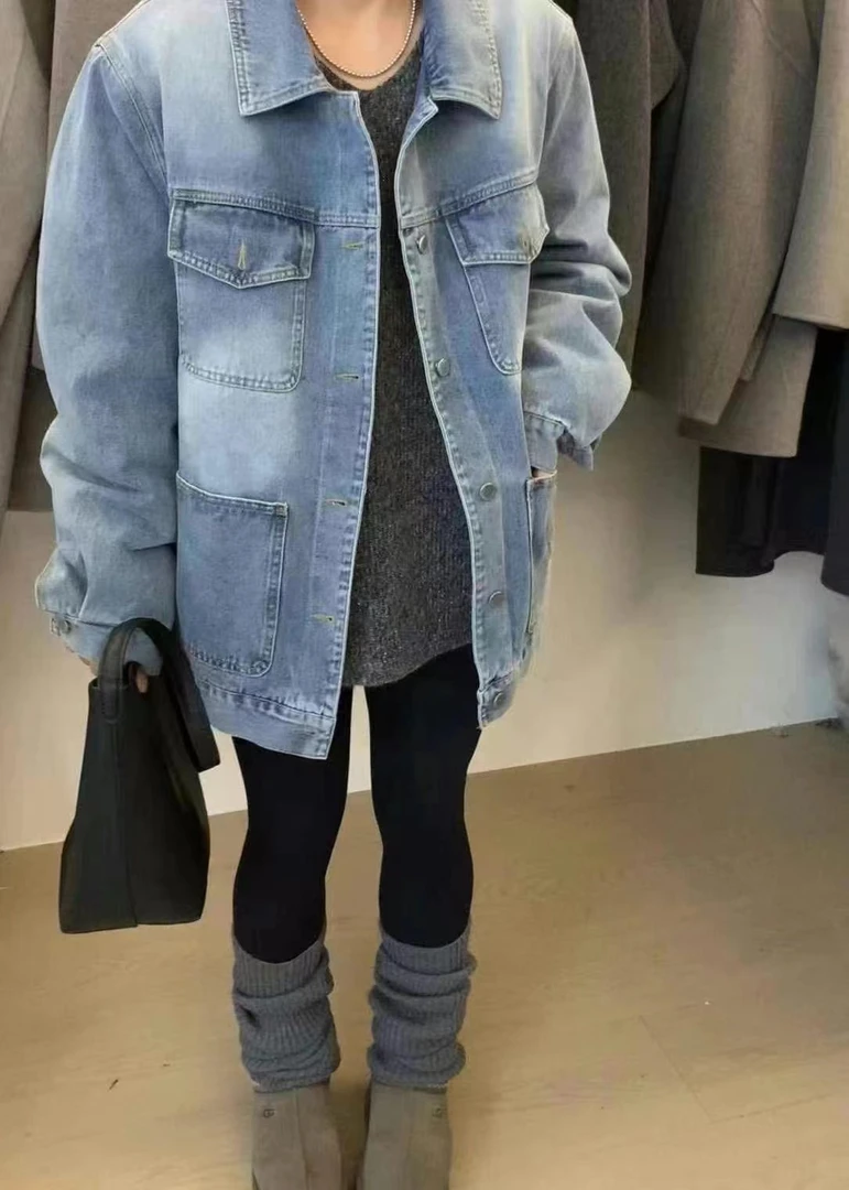 年货款韩版洋气多大口袋牛仔羽绒服外套