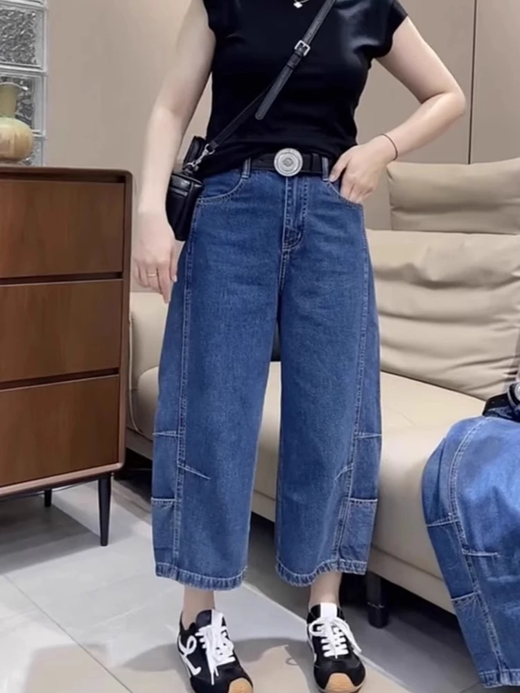 美式牛仔裤八分裤爆款女款2025新款高腰显瘦小个子直筒宽松阔腿裤