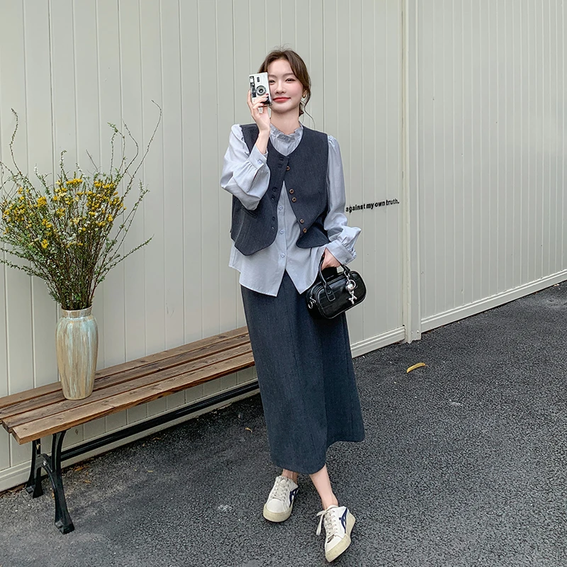 韩系衬衫马甲套装裙女春季半身裙三件套高级感ootd超火爆款流行