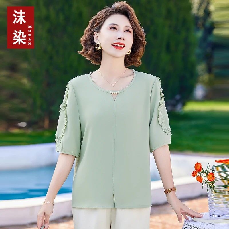 夏季新款中老年妈妈装短袖小衫洋气时尚女装宽松薄款雪纺妈妈装