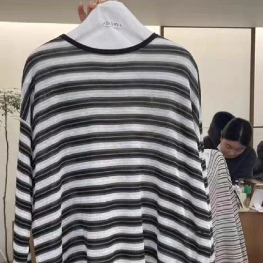 现~韩国东大门代BYMIN洋气圆领撞色条纹休闲长袖T恤