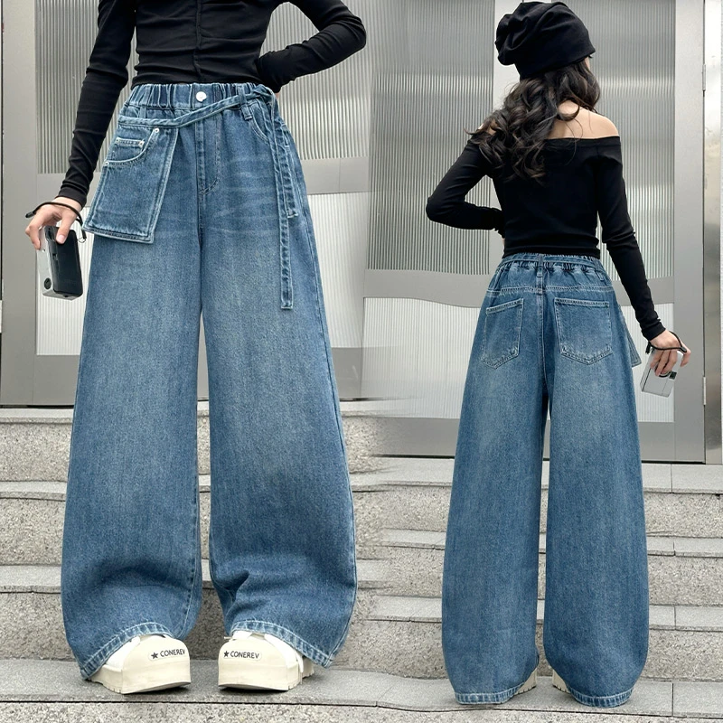 女童裤子牛仔裤春秋装2025新款中大童韩版休闲直筒裤秋季宽松长裤