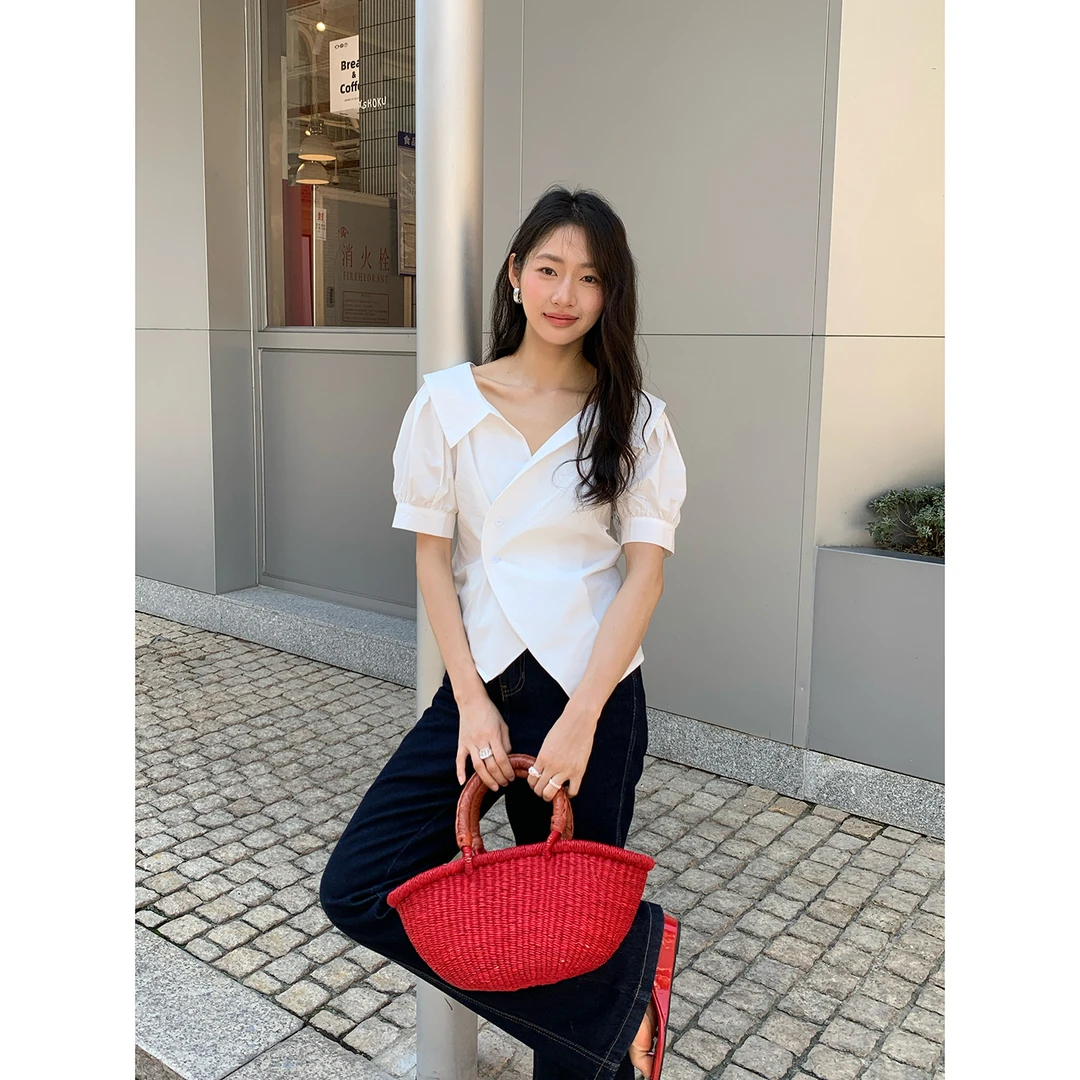 NEWOPEN 2025夏季法式气质翻领不规则收腰显瘦v领短袖衬衫女S5717