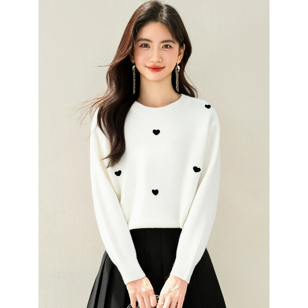 慵懒风立体爱心圆领套头长袖针织衫女秋冬宽松加厚毛衣打底衫上衣