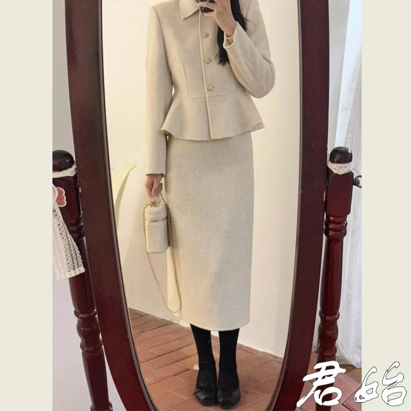 时尚洋气毛呢外套半身裙小个子小香风秋季套装千金清冷感贵系衣服