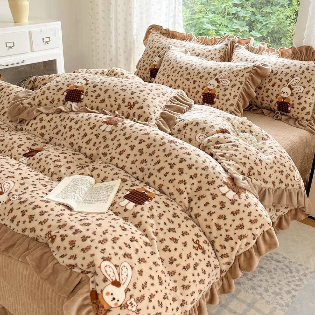 冬季保暖加绒韩版花边牛奶绒夹棉床盖四件套床上用品