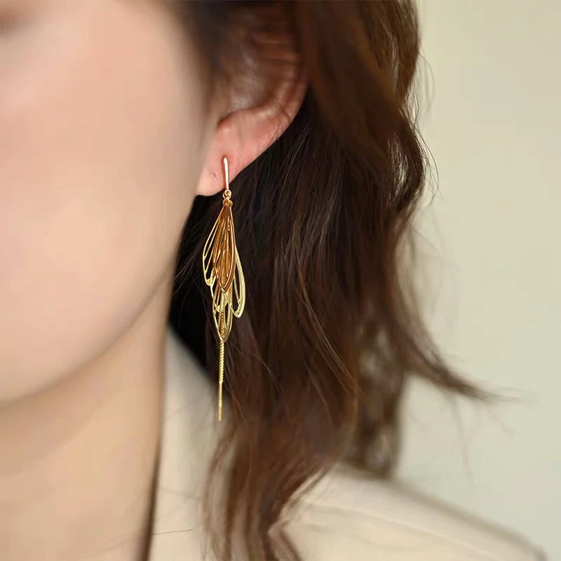 纯铜耳饰 【金枝玉叶】复古长款叶子流苏无耳洞蚊香盘耳夹港风耳环