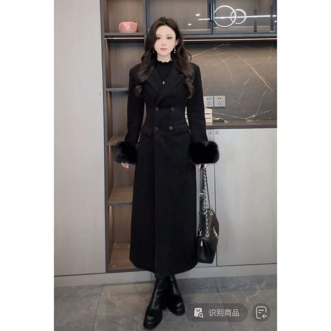 睿夕【沙漏大衣】双排扣收腰毛呢外套毛毛袖口大衣夹棉