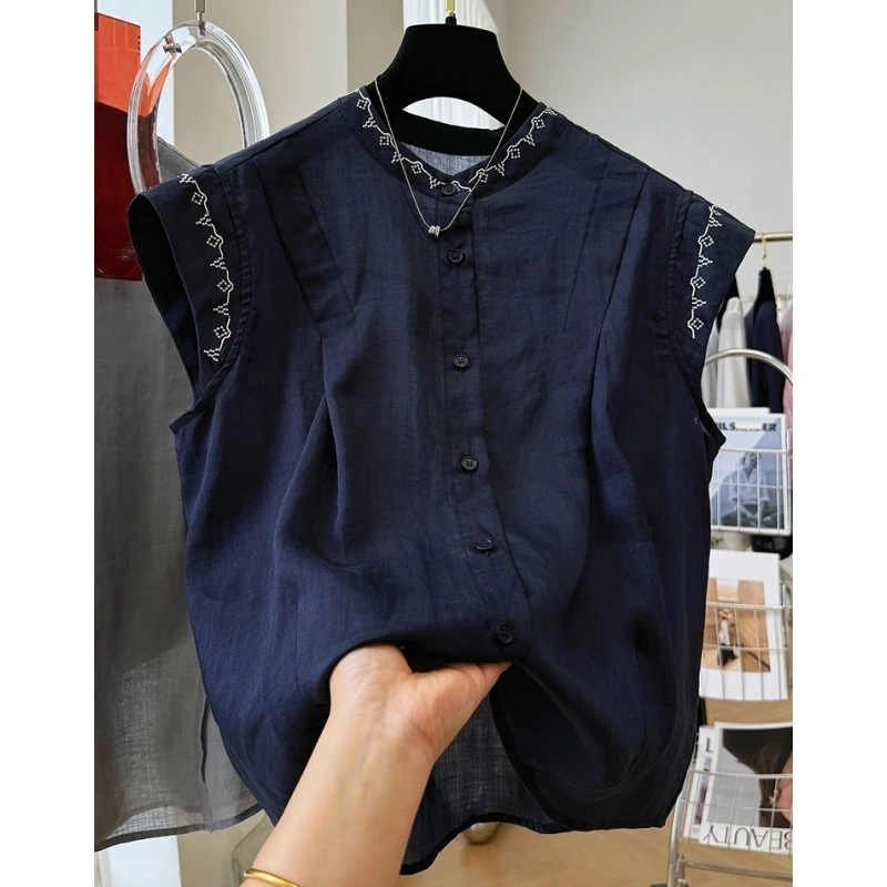 00523独特漂亮无袖衬衫女重工刺绣外穿马甲背心时尚显瘦气质小衫