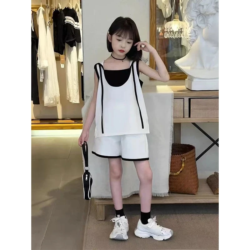 女童夏装假两件套装2025新款儿童连帽无袖运动上衣洋气短裤两件套