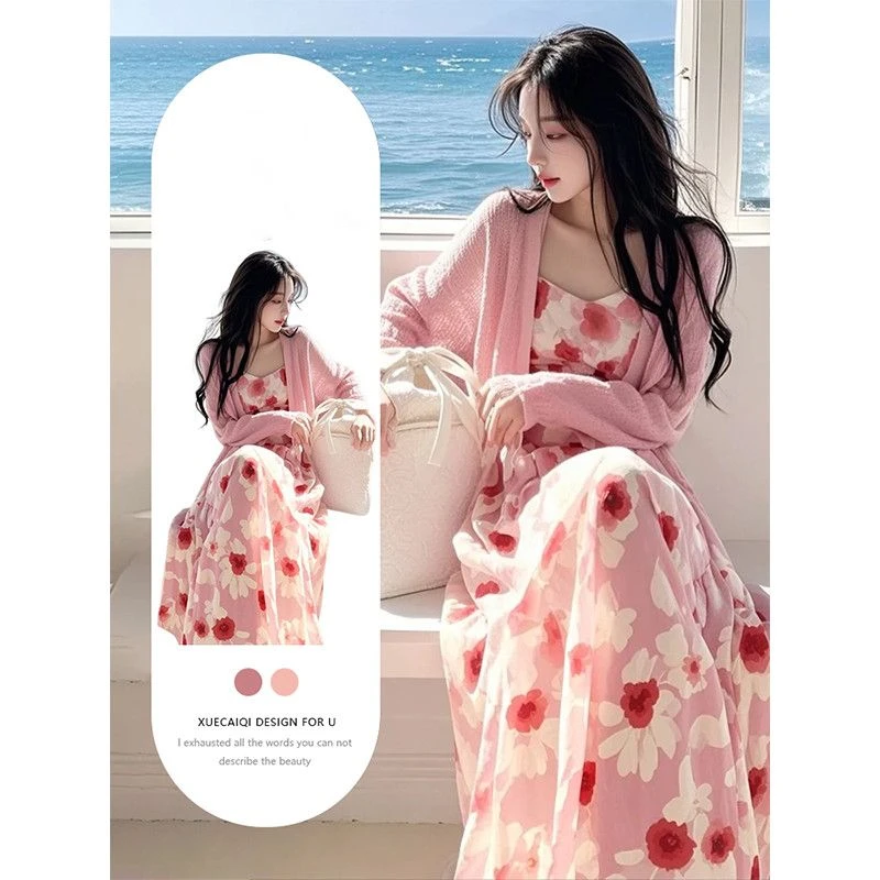 春季多巴胺穿搭一整套2025新款洋气针织开衫女配碎花连衣裙两件套
