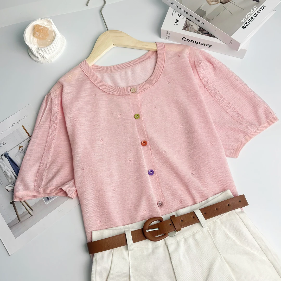 新新定制-微镂空薄款微透流苏袖设计感开衫针织短袖150821