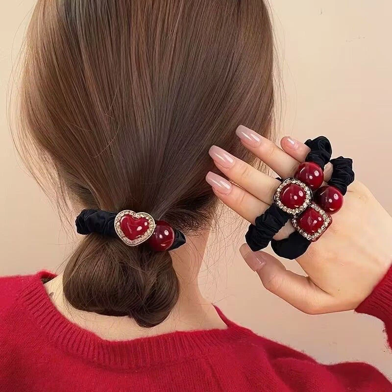 韩版高档红色爱心小肠发圈女网红扎丸子头马尾发绳2025年新款头饰