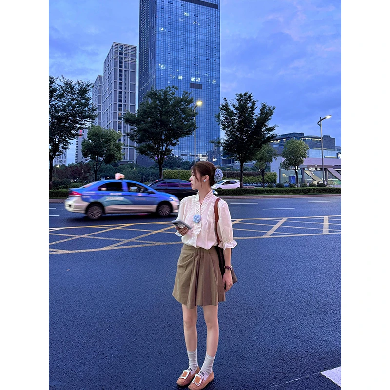 质感飞边领口木耳边泡泡袖衬衫上衣五分袖短裙顺滑高腰A字半身裙