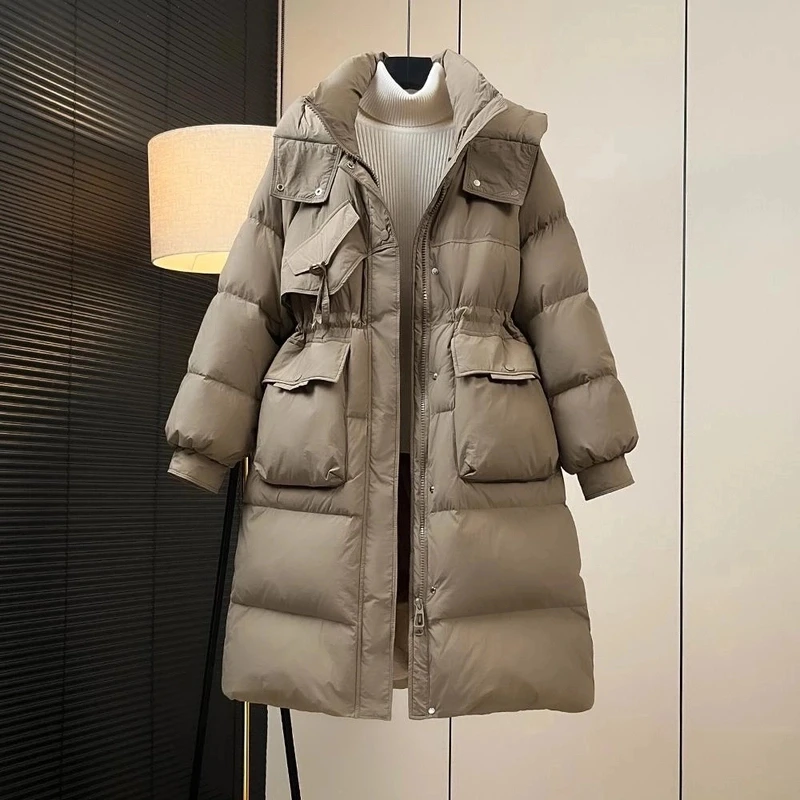 2024新款中长款大口袋收腰宽松型女款羽绒服时尚连帽加厚Q8028