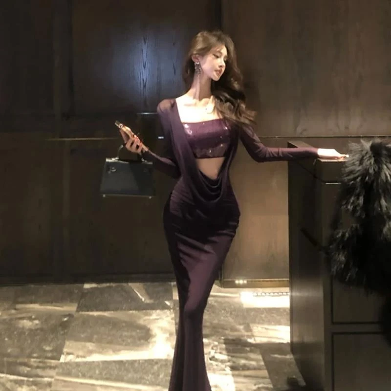 微胖重工亮片荡领抹胸连衣裙女春季高级性感辣妹气质修身包臀长裙