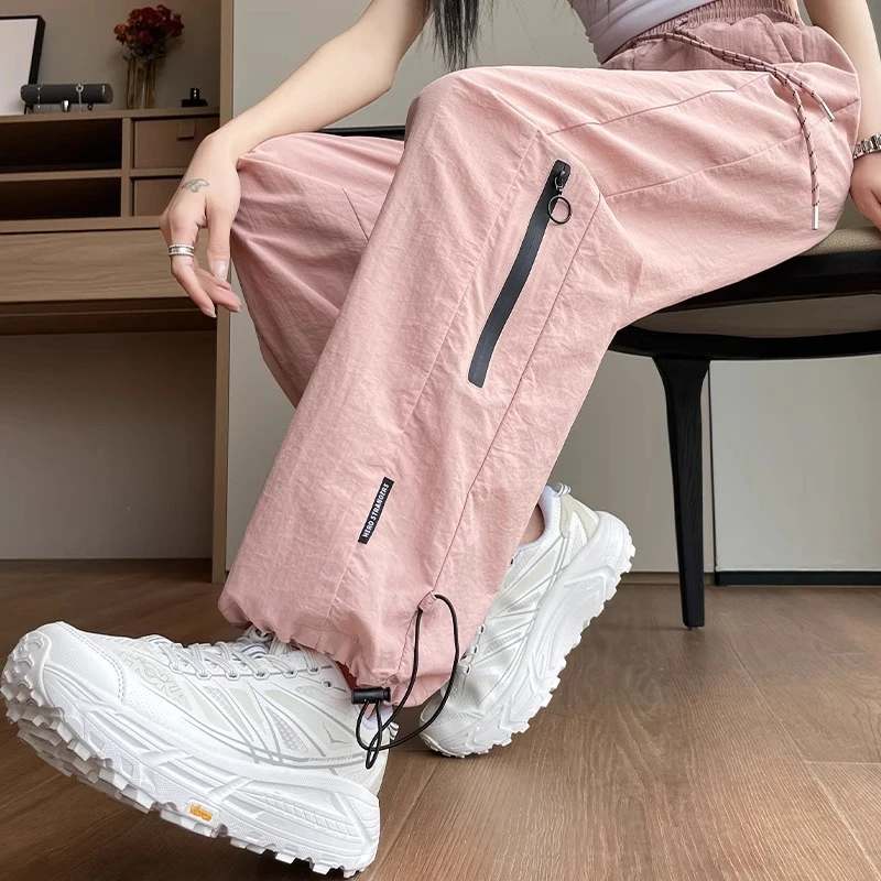 粉色速干工装裤女夏季薄款2025爆款高腰宽松显瘦美式束脚阔腿裤潮